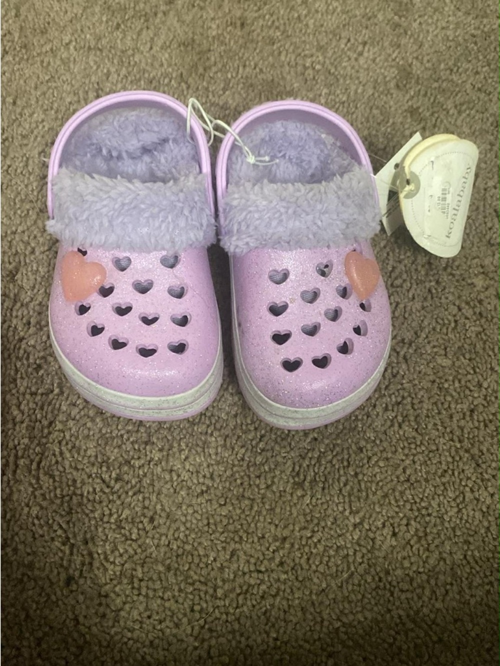 Glitter Heart Clog Slippers with Faux Fur Cuff - Lavender Pink